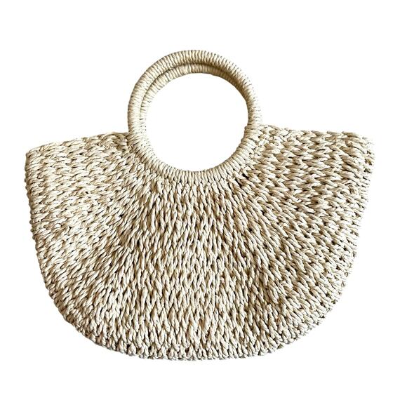 Woven Straw Beach Bag with Pom Pom Tassel Beige Chic Summer Tote Bag - Picture 2 of 8